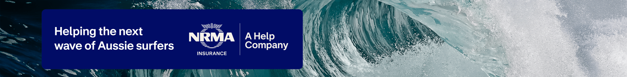 Ocean wave with NRMA Insurance logo and text about supporting Aussie surfers on a blue banner.