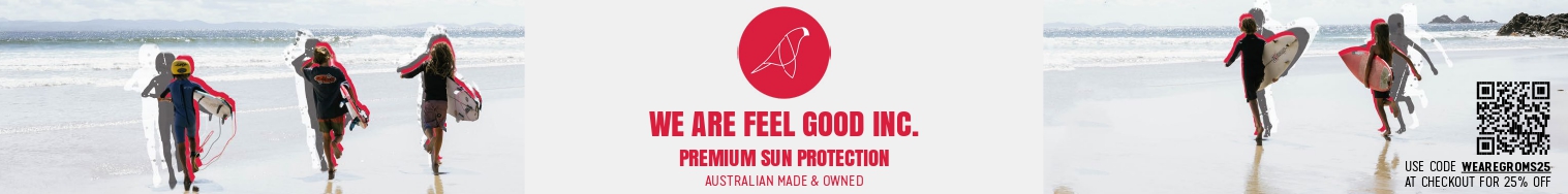 Surfers with boards on beach, We Are Feel Good Inc. logo, QR code for 25% off.