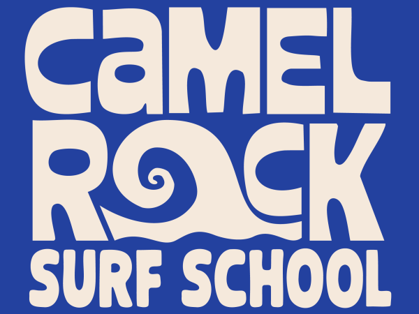 Logo with text 'Camel Rock Surf School' in bold, wavy font on blue background.