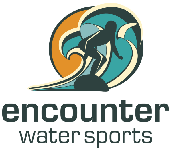 Stylized logo of a surfer in waves with 'encounter water sports' text below.