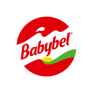 Babybel logo with red circle and green wave under text.