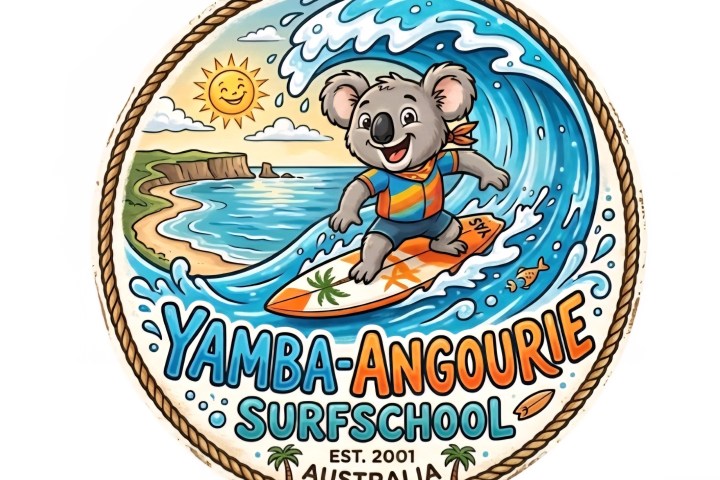 Koala surfing on a wave, logo for Yamba-Angourie Surf School, Australia.