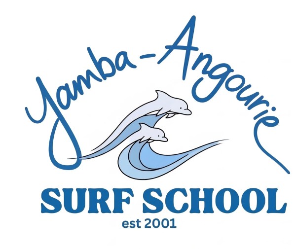Logo with two dolphins and 'Yamba-Angourie Surf School est 2001'