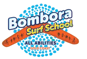 Bombora Surf School logo with blue dots and orange boomerang.